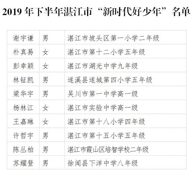 湛江市 2019 年下半年新时代好少年名
